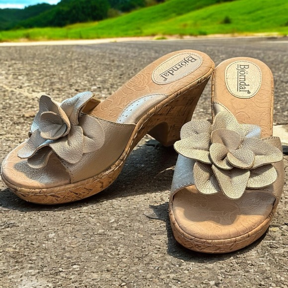 BJORNDAL‎  Leila Size 7.5  Leather Cork Sandals Flower Heeled - Picture 12 of 13